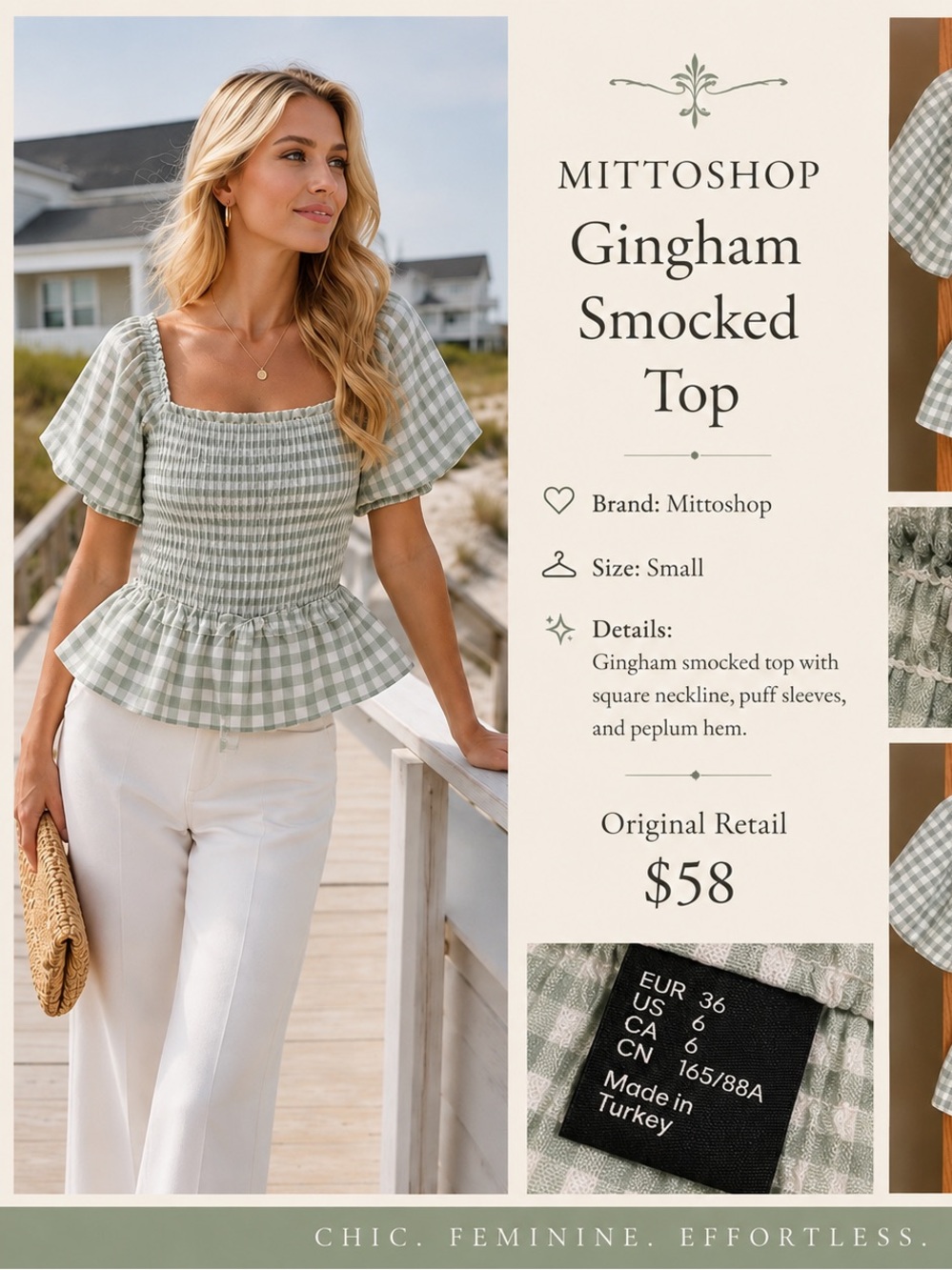 mittoshop Sage Green Gingham Smocked Peplum Top